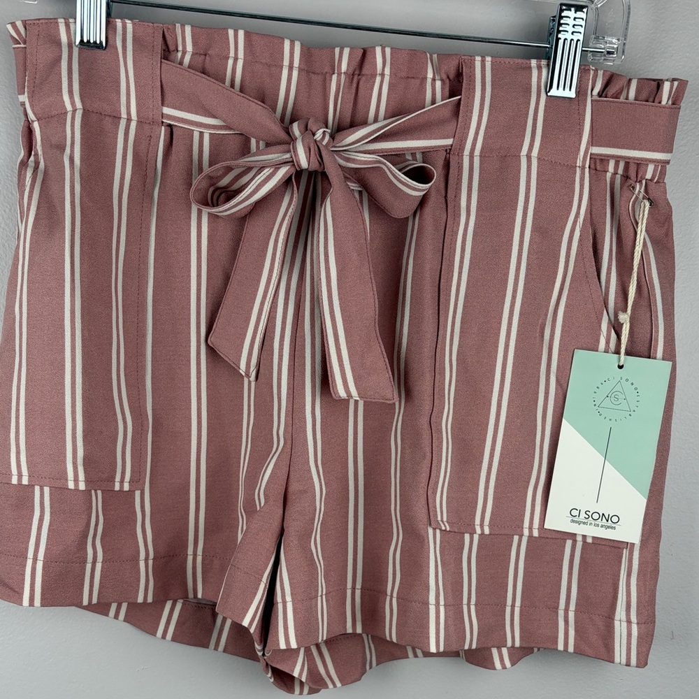 Ci Sono Mauve and white Striped Paperbag Tie-Waist Shorts medium